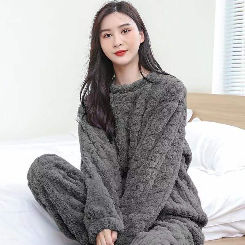 Women Casual Pajama Sets, Autumn Women Solid Warm Piece Sets, Thicken Velvet Ribbed Fleece Set Pullover and Pants