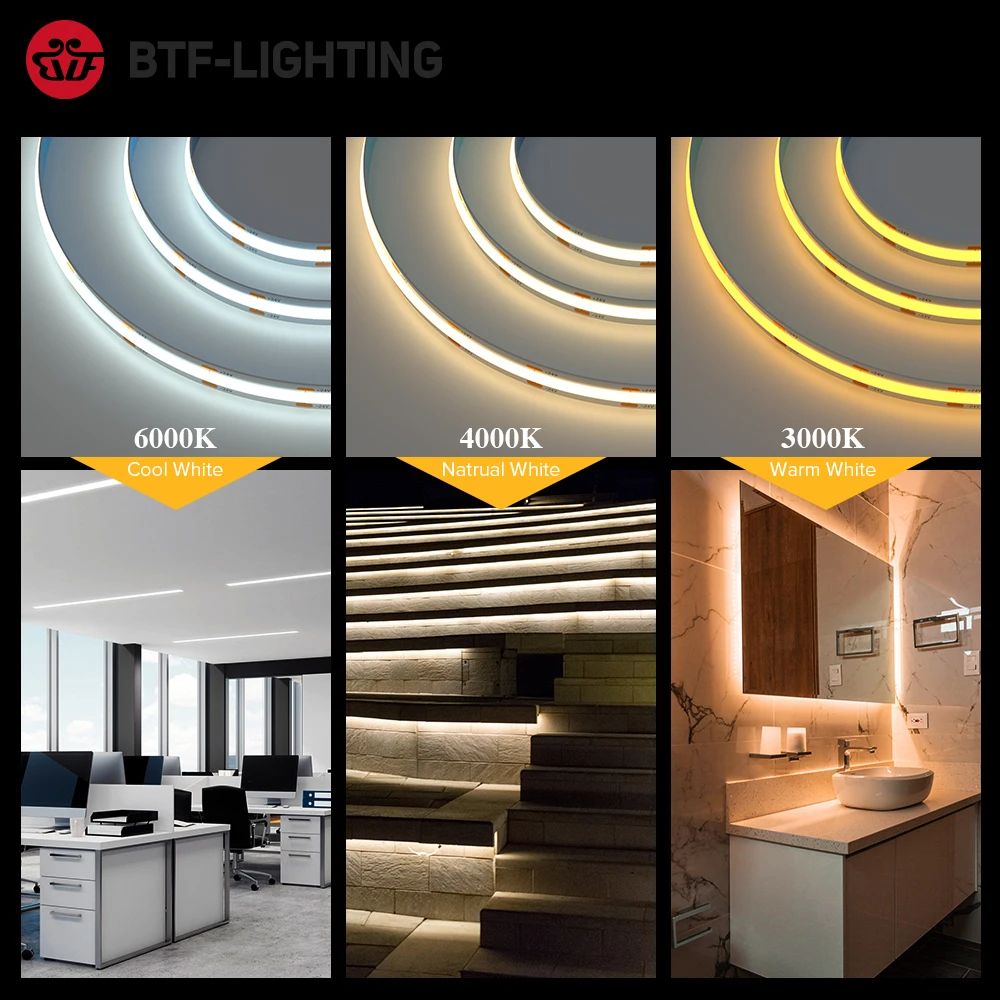 FCOB High-Density COB LED Strip Light (RA90), 12V/24V Linear Dimmable - Warm/Natural/Cool White