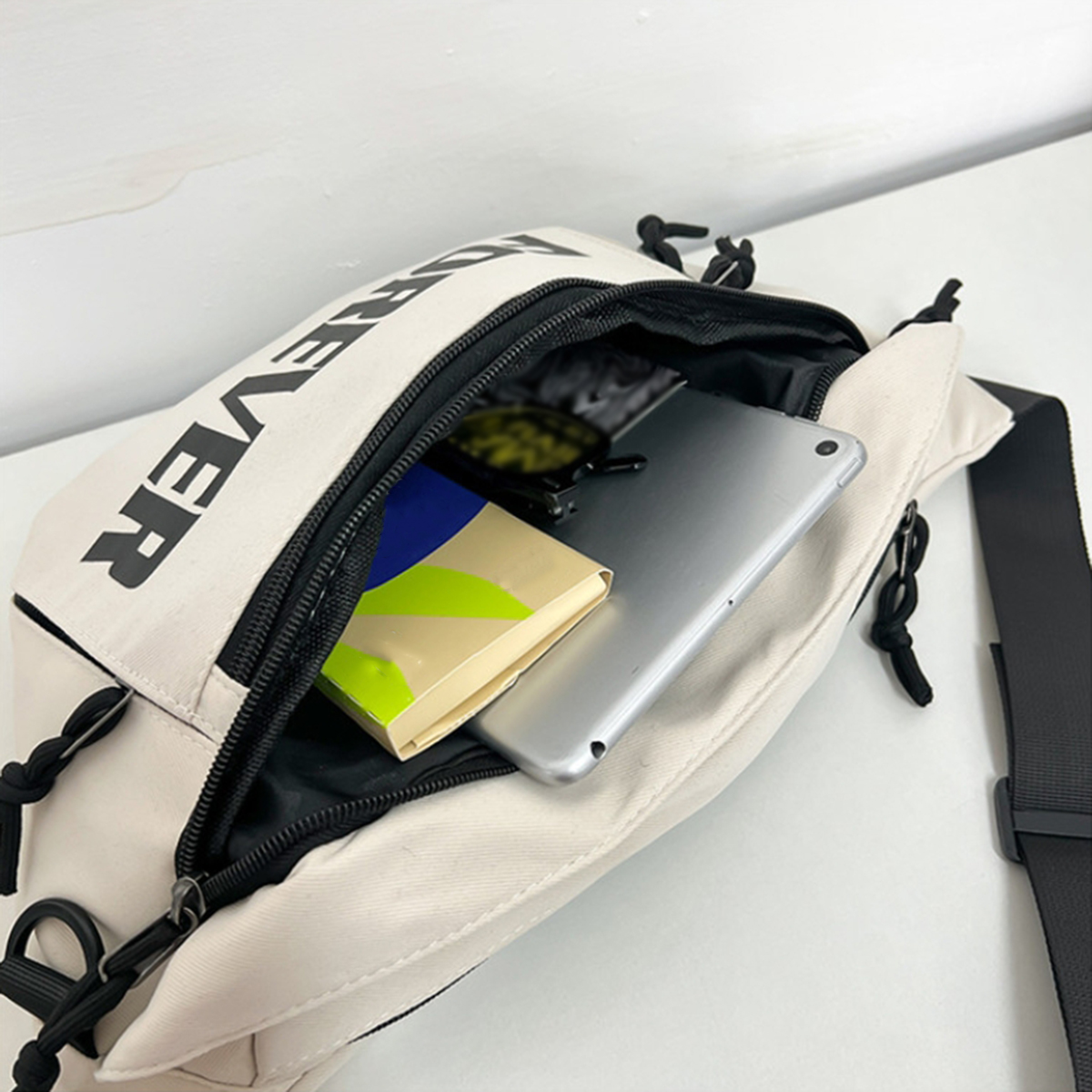 Beige and White Fashionable Chest Crossbody Bag Stylish Fanny Pack with Letter Design