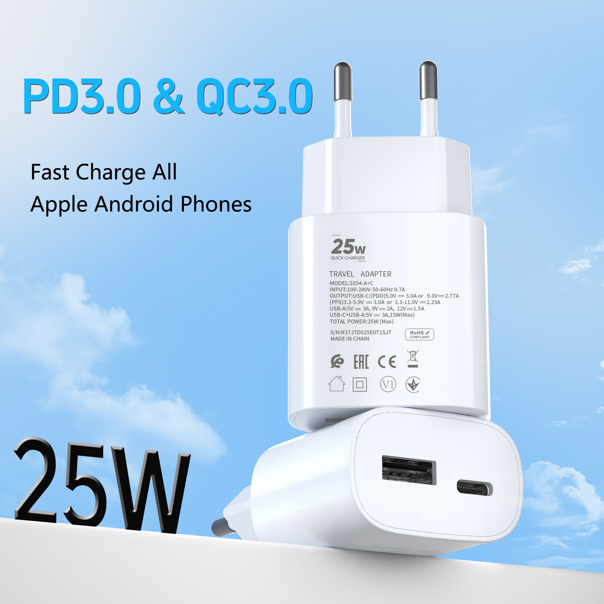 Fast Charger Adapter Dual Port USB C USB A Wall Charger for Rapid Charging