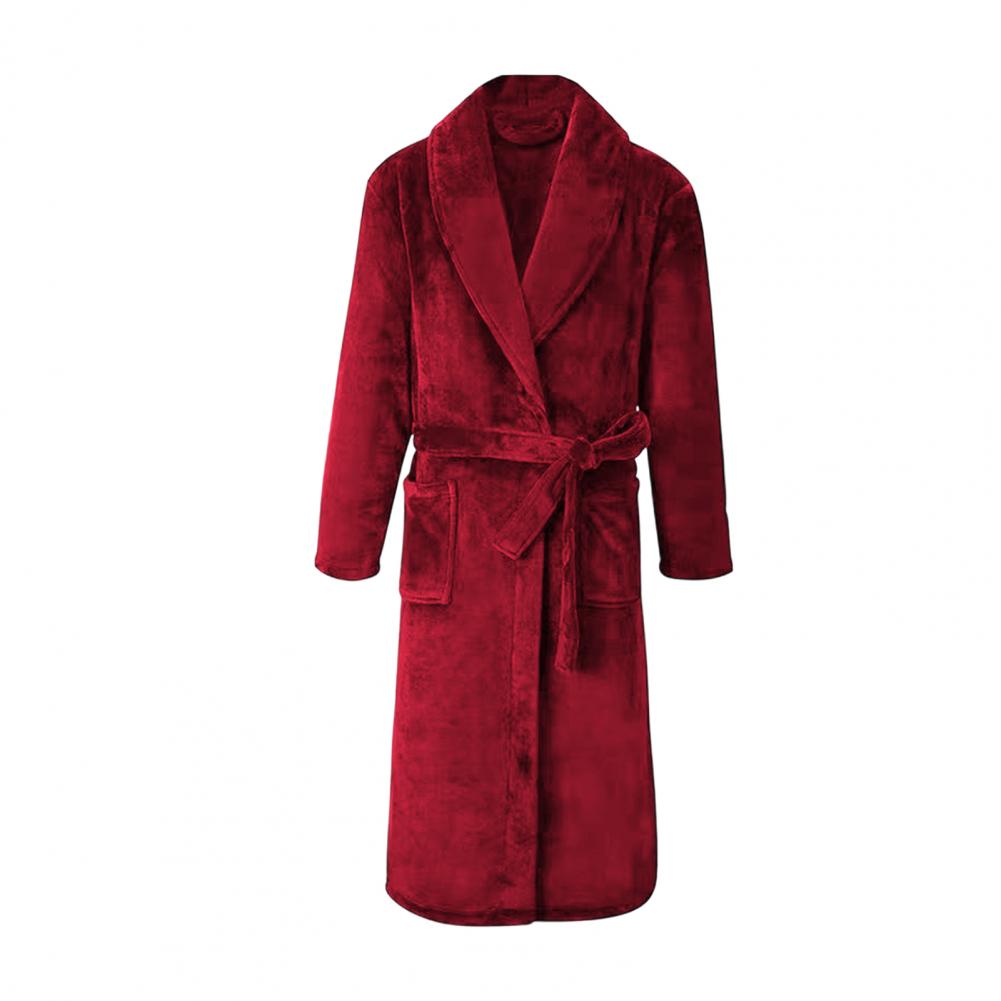 Men Medium-Length Home Bathrobe Sleepwear, Plush Flannel Winter Bathrobe with Belt, Soft Bathrobe Lady