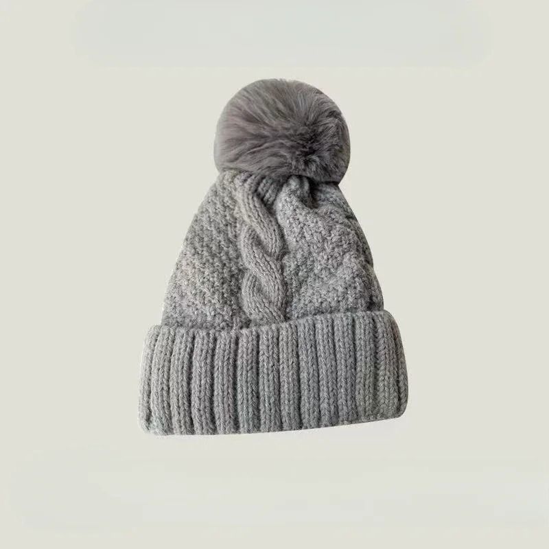 Winter Knit Beanie Hat with Fur Pompom Warm Velvet Lined Cap