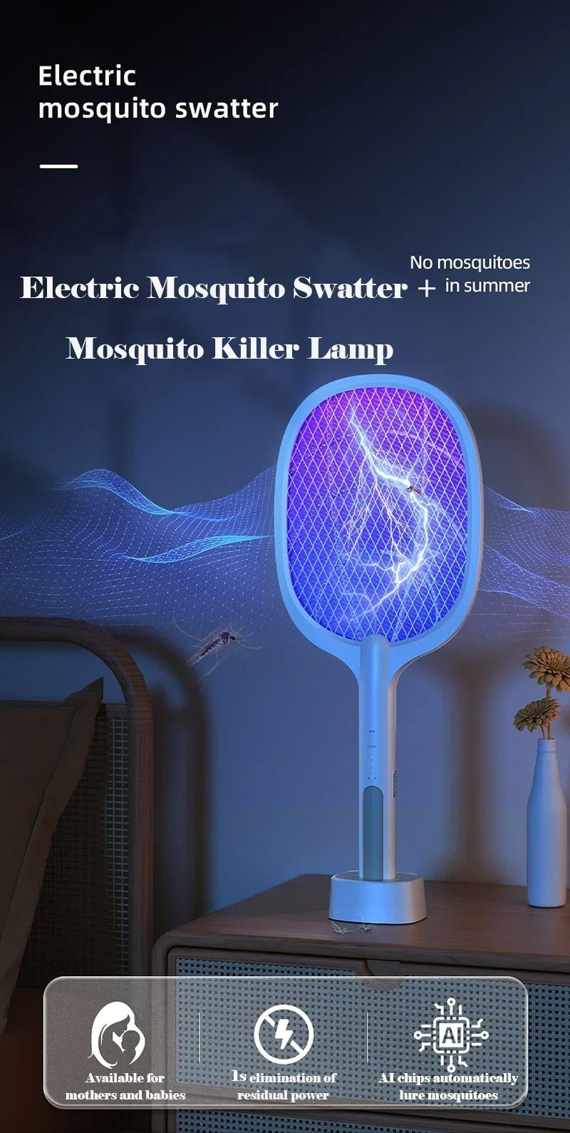 USB Rechargeable Mosquito Killer Fly Swatter with Charging Base
