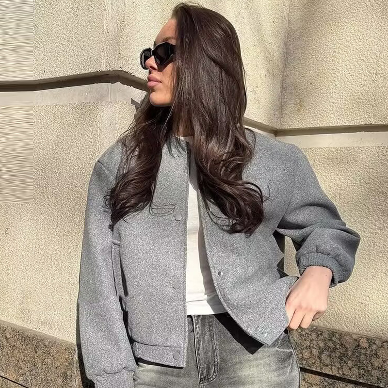 Autumn Crop Womens Bomber Jacket Soft Tweed Outerwear Black Grey Khaki Beige Darkgrey Long Sleeve O Neck Coat