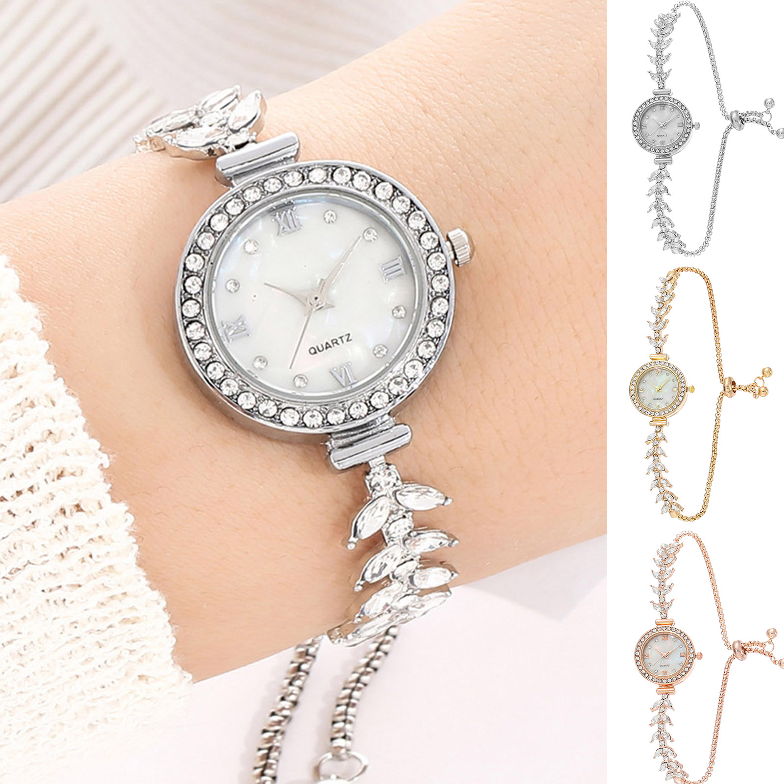 Diamond Wristwatches for Women, Quartz Crystal Watch with Free Adjustable Bracelet, Perfect for Brides