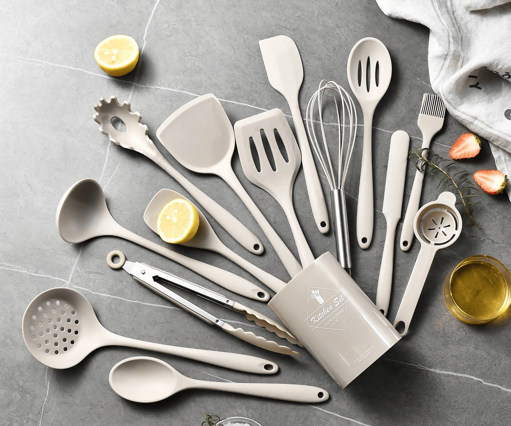15 Piece Khaki Silicone Kitchen Utensils Set Non Stick Cooking Tools