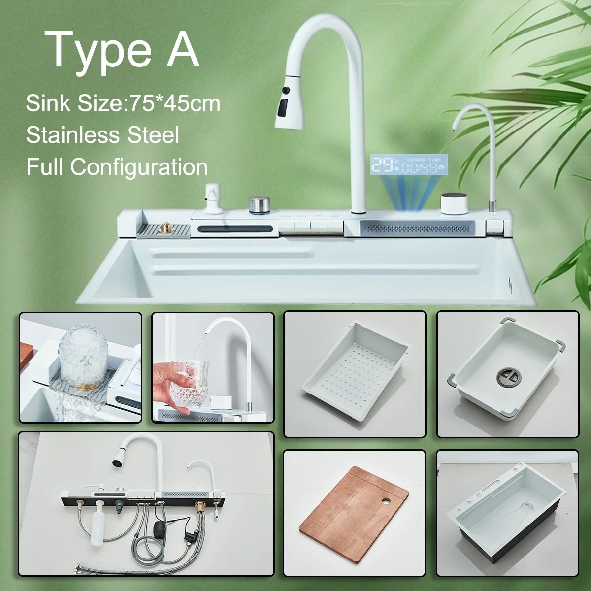 White Nano Stainless Steel Kitchen Sink – Double Waterfall Smart Digital Display Set