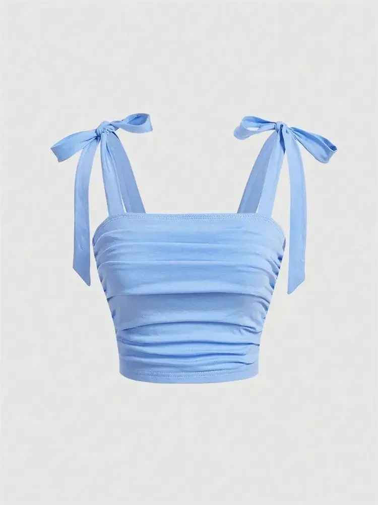Solid Tie Shoulder Ruched Crop Cami – Y2K Backless Bow Streetwear Top