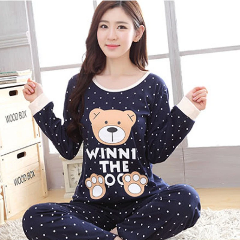Women Autumn Thin Pyjamas Set, Round Neck Bear Pajamas, Teacup Cat Full Sleepwear Tops, Lovers Pajama Mujer