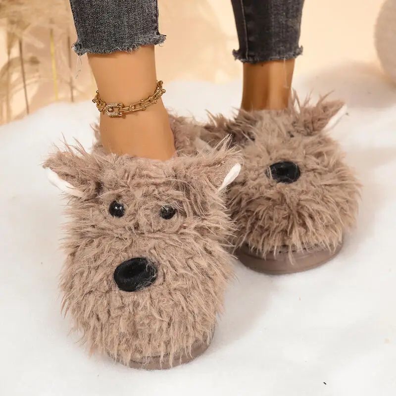 Cartoon Puppy Fluffy Fur Winter Slippers – Women's Warm Plush Thick Sole Indoor Mules