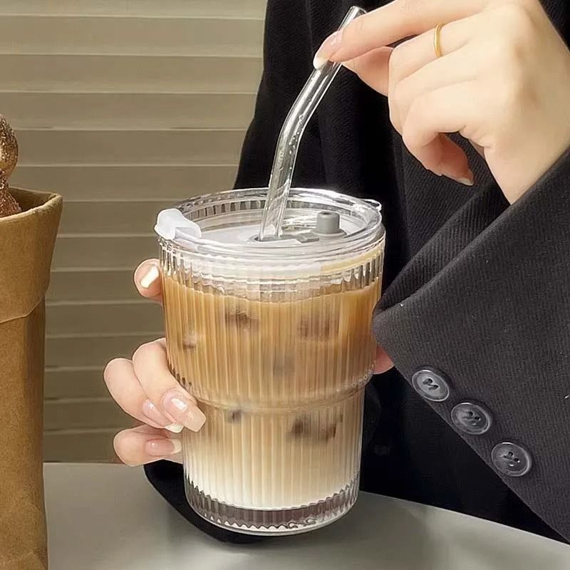 450ml Glass Cup with Lid and Straw Leakproof Heat Resistant Drinkware