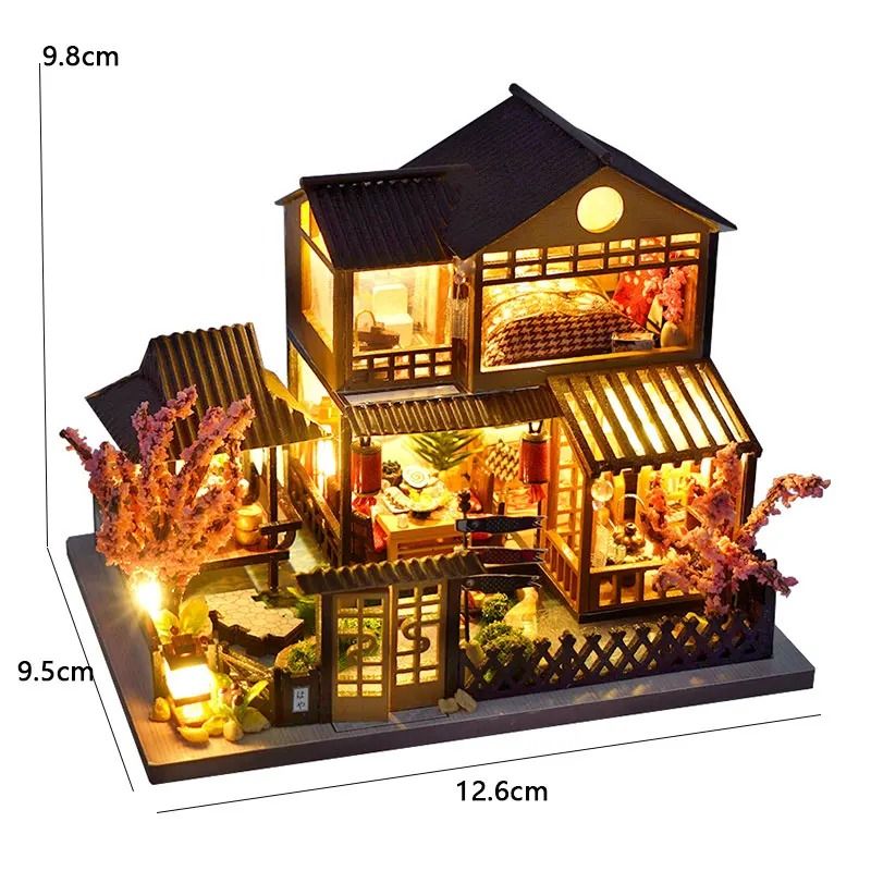 DIY Wooden Mini Seaside Villa Dollhouse Kit with Furniture and LED Lights