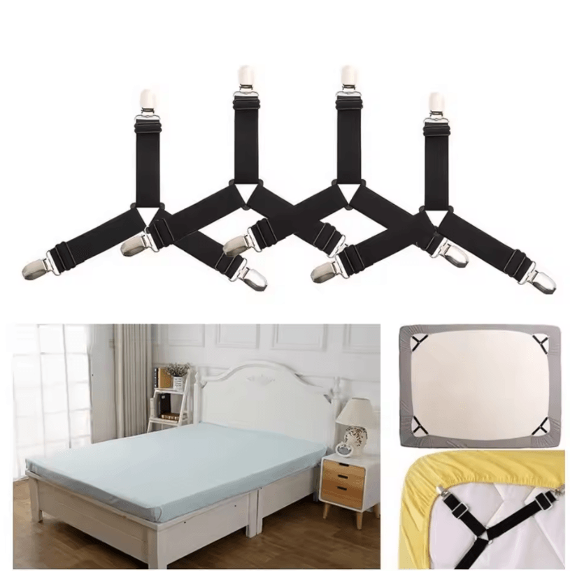4-Piece Bed Sheet Fasteners & Mattress Cover Clips – Adjustable Elastic Straps for Bed Sheet Organizer & Bedding Grip
