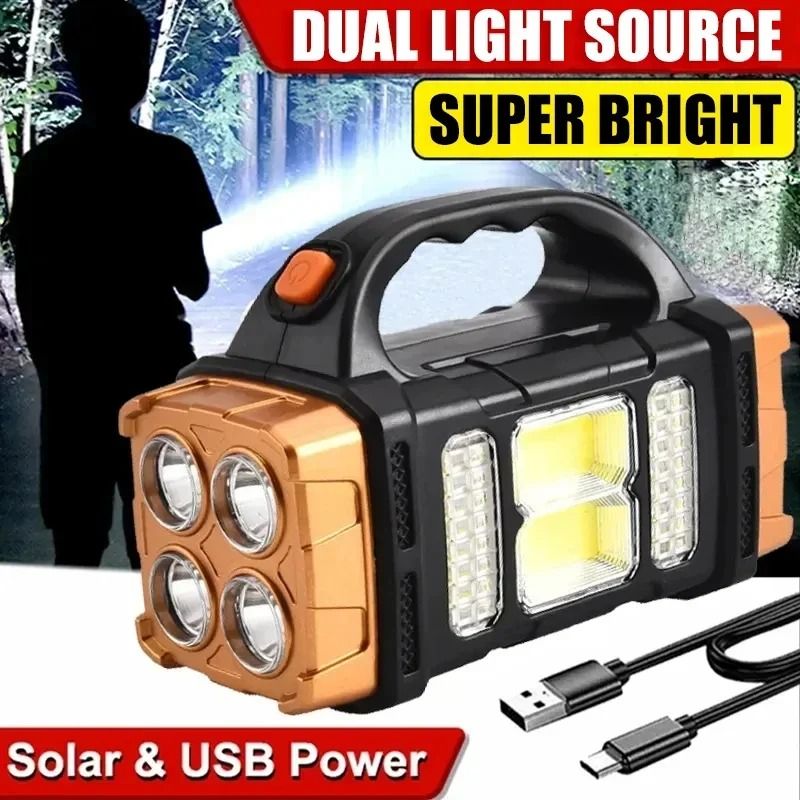 Portable Solar and USB Rechargeable LED Flashlight with COB Work Light