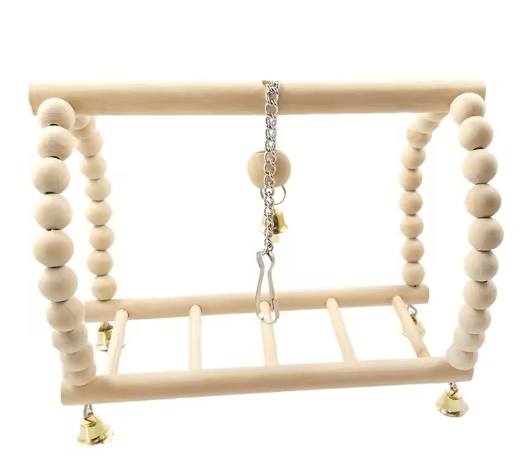 Wooden Parrot Swing & Climbing Toy with Bells – Hanging Ladder Playstand Hammock