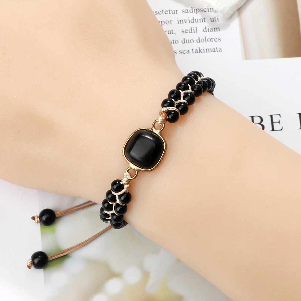 Black Onyx Braided Bracelet, Handmade Adjustable Obsidian Pendant, Women Wrist Bangle, Men Prayer Jewelry Gift
