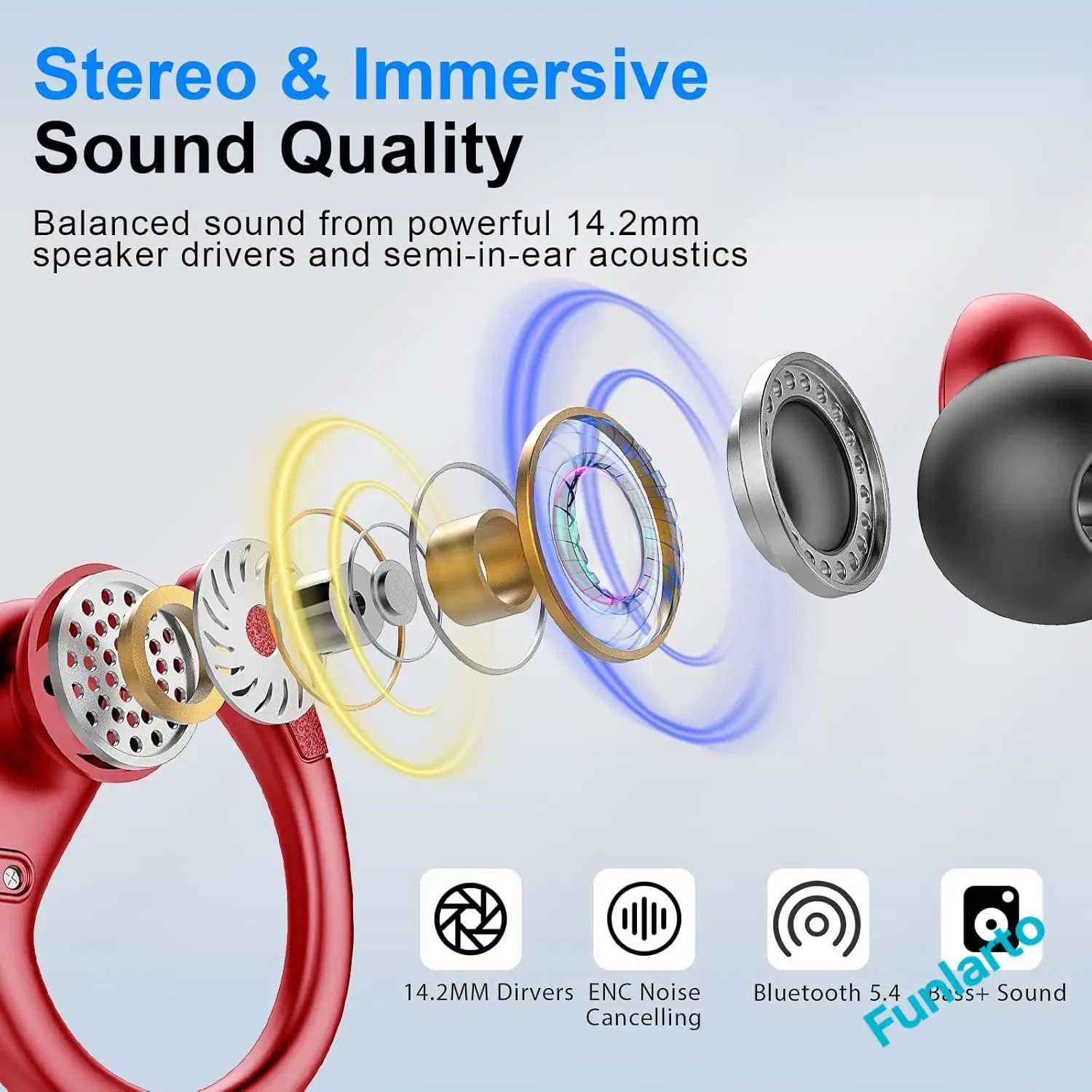 Bluetooth 5.3 Wireless Sport Earbuds with Earhooks and ENC Noise Canceling Mic