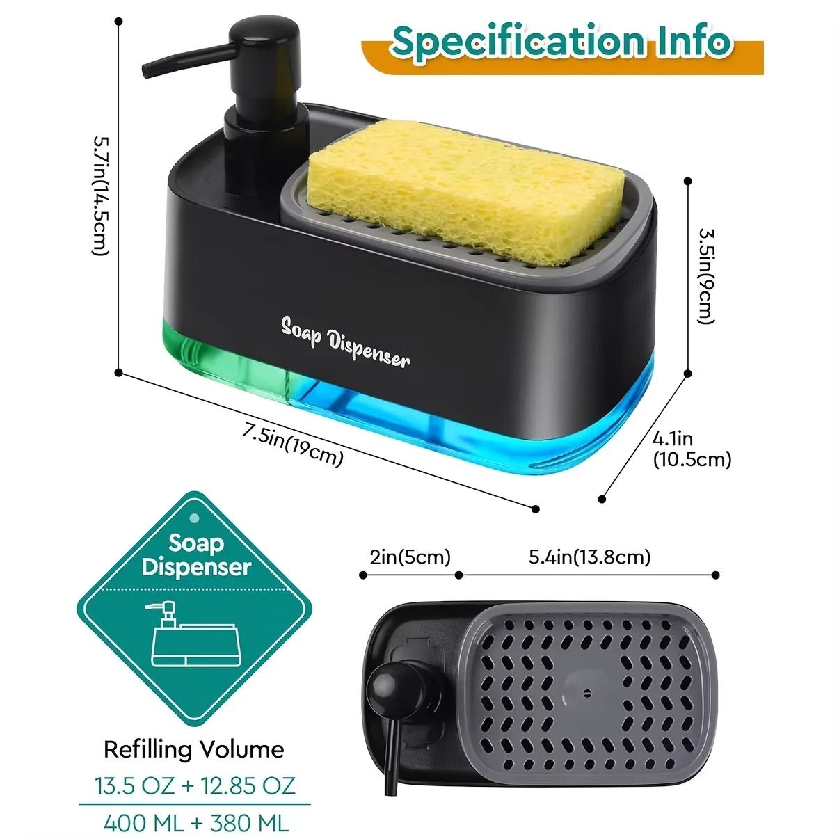Hand and Dish Soap Dispenser Set With Built In Sponge Holder