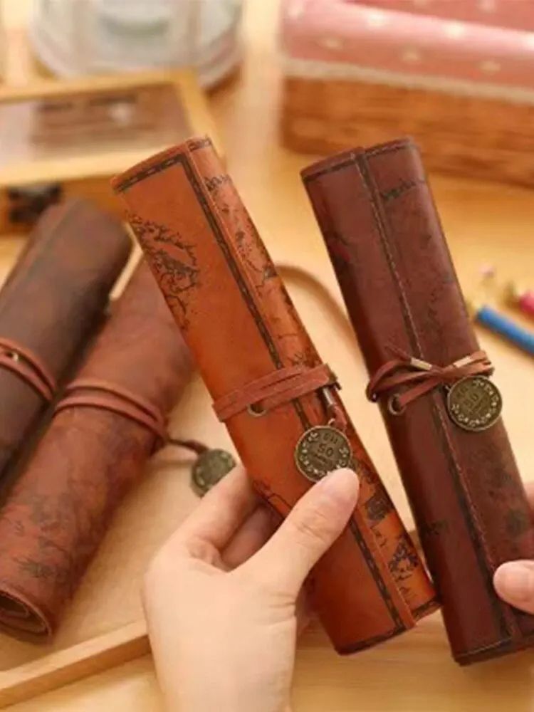 Creative Treasure Map Retro Pencil Case Leather Large Capacity Roll Pencil Bag with Embossed Buckle, Simple Stationery
