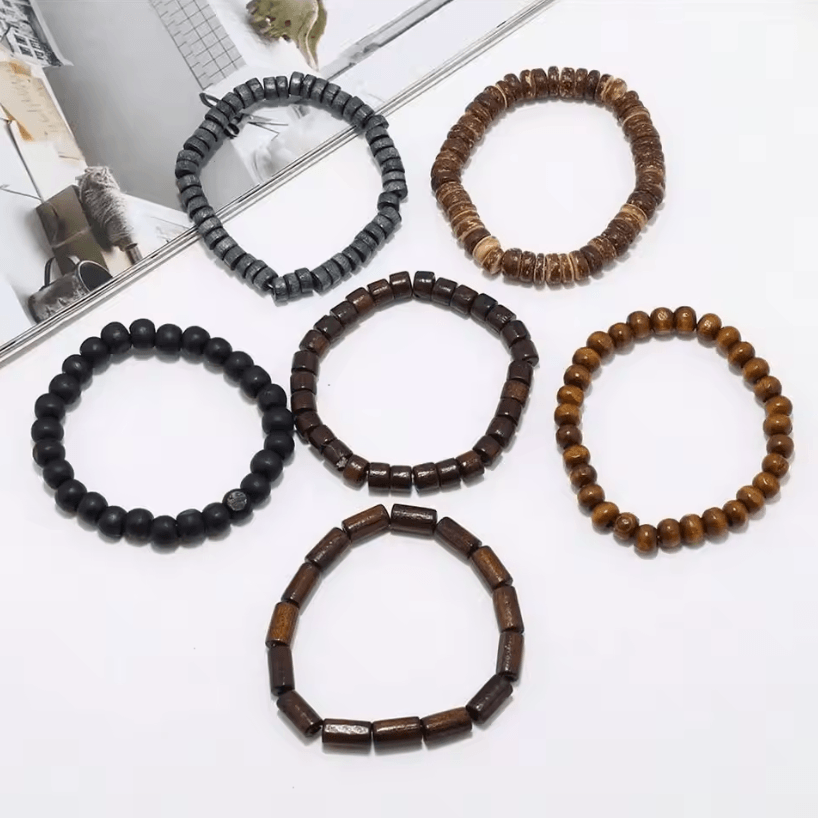 Vintage Braided Leather Bracelet Set for Men – Wood Beads Wrap Wristband Fashion Armband