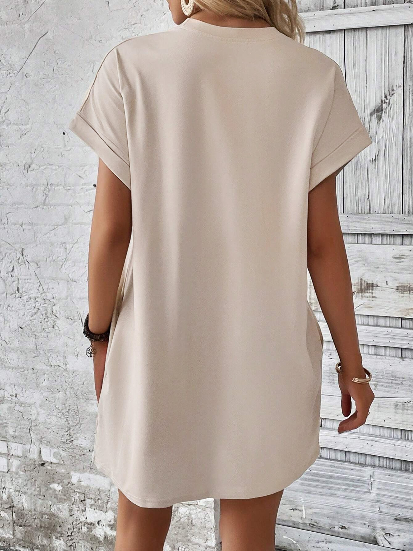Women Plain Pocket Batwing Sleeve Tee Dress, Summer Dresses, Casual Round Neck Roll Up Sleeve Dress for Women Versatile