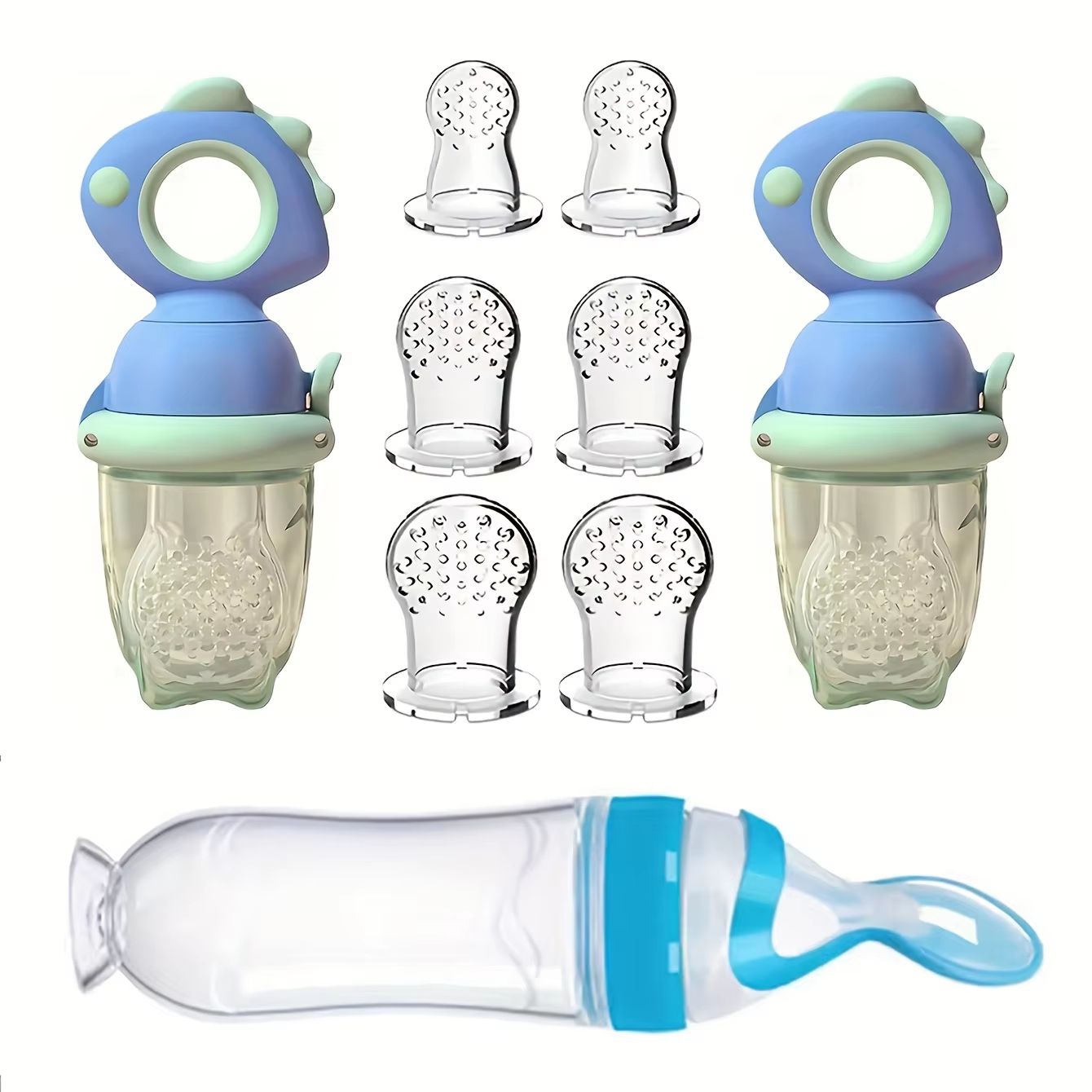 9-Piece Silicone Baby Feeding Set with Dinosaur Rotating Fruit Feeder, Squeeze Bottle and S/M/L Silicone Bags