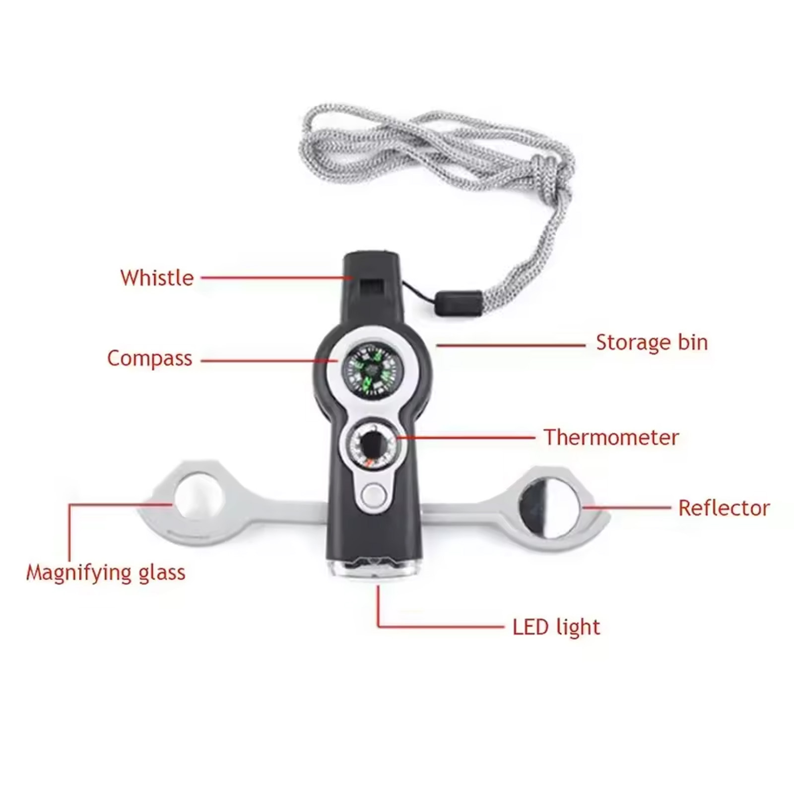 Emergency Survival Whistle with LED Light Compass & Thermometer for Outdoor Safety