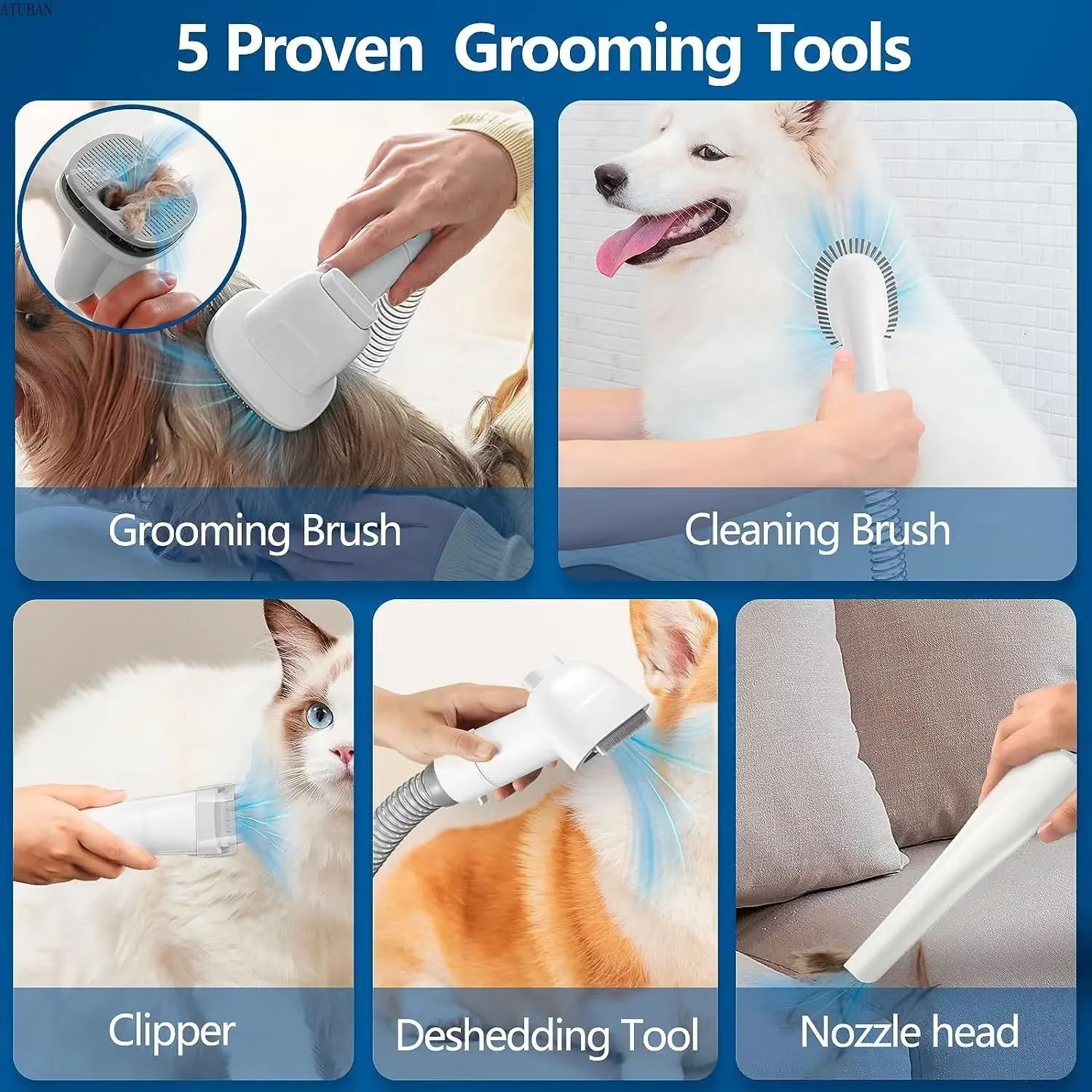 Dog Grooming Vacuum & Pet Grooming Kit with 2.3L Dust Cup - Low Noise Pet Hair Vacuum Cleaner with 5-in-1 Grooming Tools