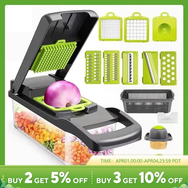 12-in-1 Vegetable Slicer Cutter with Basket - Green/Black