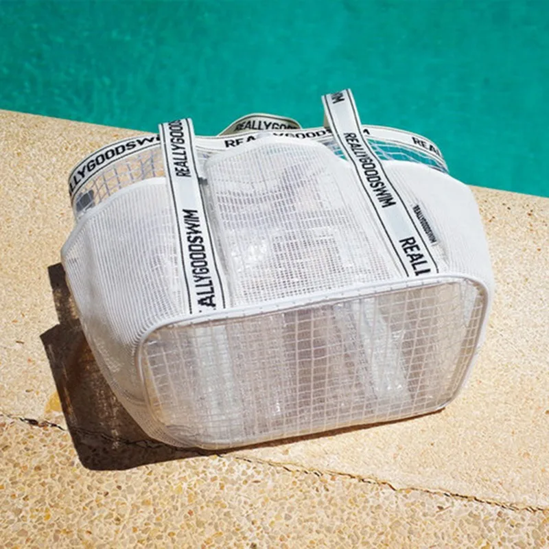 Waterproof PVC Beach Tote Bag Large Capacity Swim Bag with Wet Dry Separate Multi Pocket for Travel Toiletry Organizer