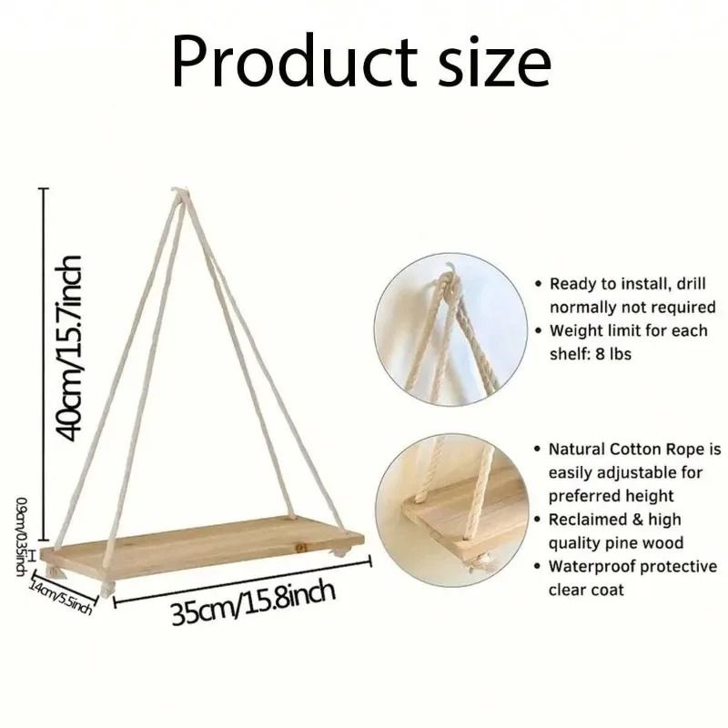 Wooden Hanging Rope Shelf Floating Wall Plant Display Tray