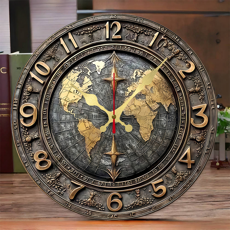 Vintage World Map Wooden Wall Clock Silent Decorative Round Home Decor