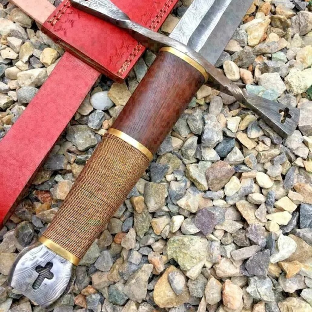 36 Inch Cross Sword Hand Forged Damascus Steel with Wood and String Wrap
