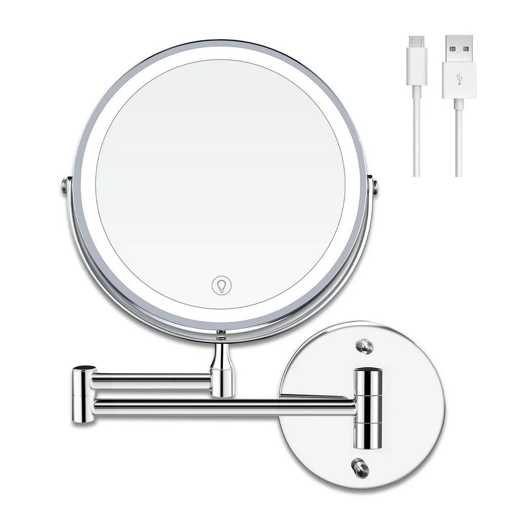 8 Inch Wall Mounted LED Makeup Mirror with USB Charging and 1X 10X Magnification for Bathroom Vanity