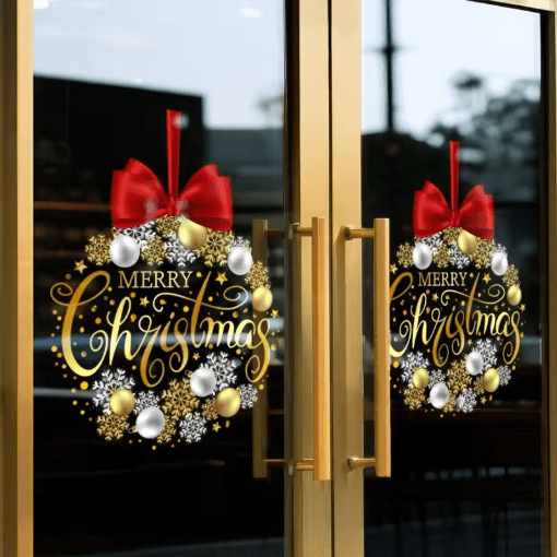 Christmas Wreath Window Sticker – Golden Snowflake & Red Bow Static Cling Glass Decal