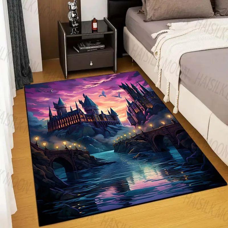 Enchanted Castle Wizard School Rug, Non-Slip Fantasy Area Mat for Kids Bedroom or Living Room