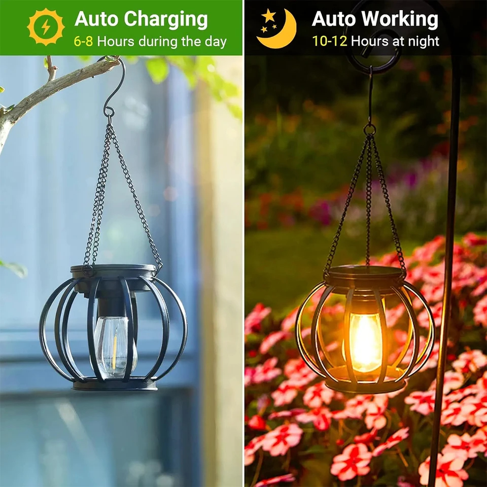 Hanging Solar Lantern LED Light, Waterproof Outdoor Sensor Garden Lights, Warm White Lamp for Patio Yard Decor