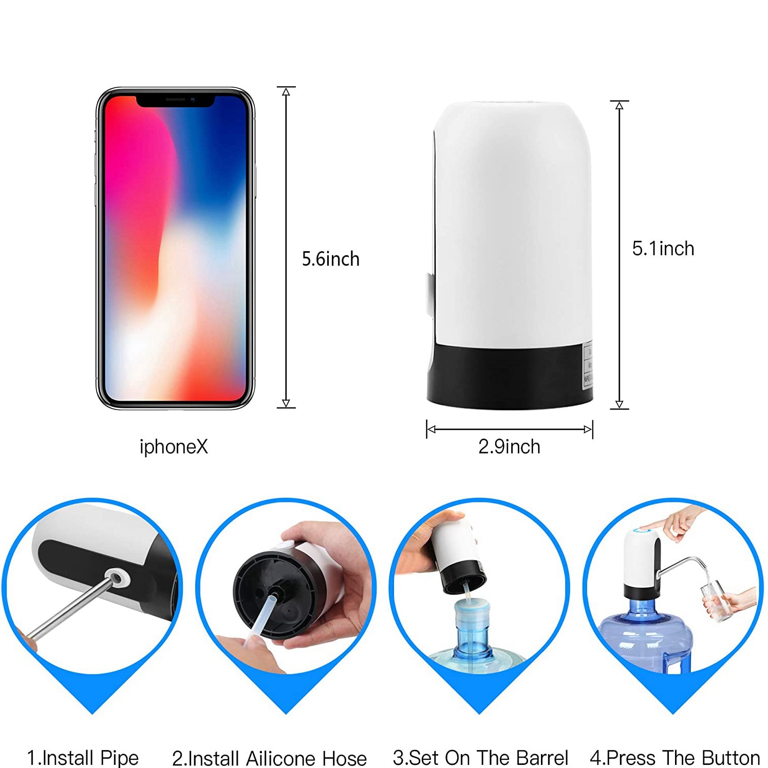 White Water Bottle Pump, USB Charging Drink Dispenser, Auto Switch, One Click Drinking Pump, Black Option