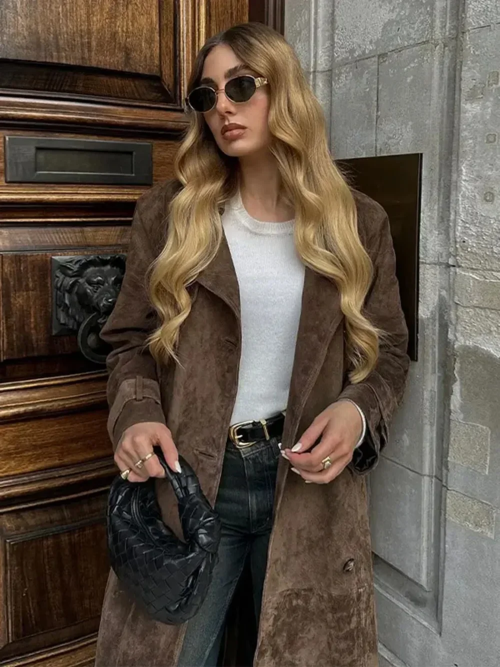 Womens Brown Imitation Deer Fur Coat, Chic Lapel, Double Breasted Long Sleeve Windbreaker, High Street Autumn Outwear