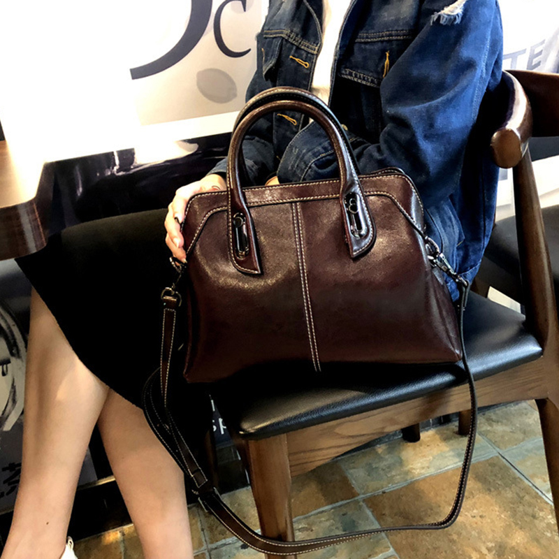 Genuine Leather Women's Handbag, Top Handle, Shoulder, Crossbody Bag, Fashion Oil Wax Cowhide Messenger Tote