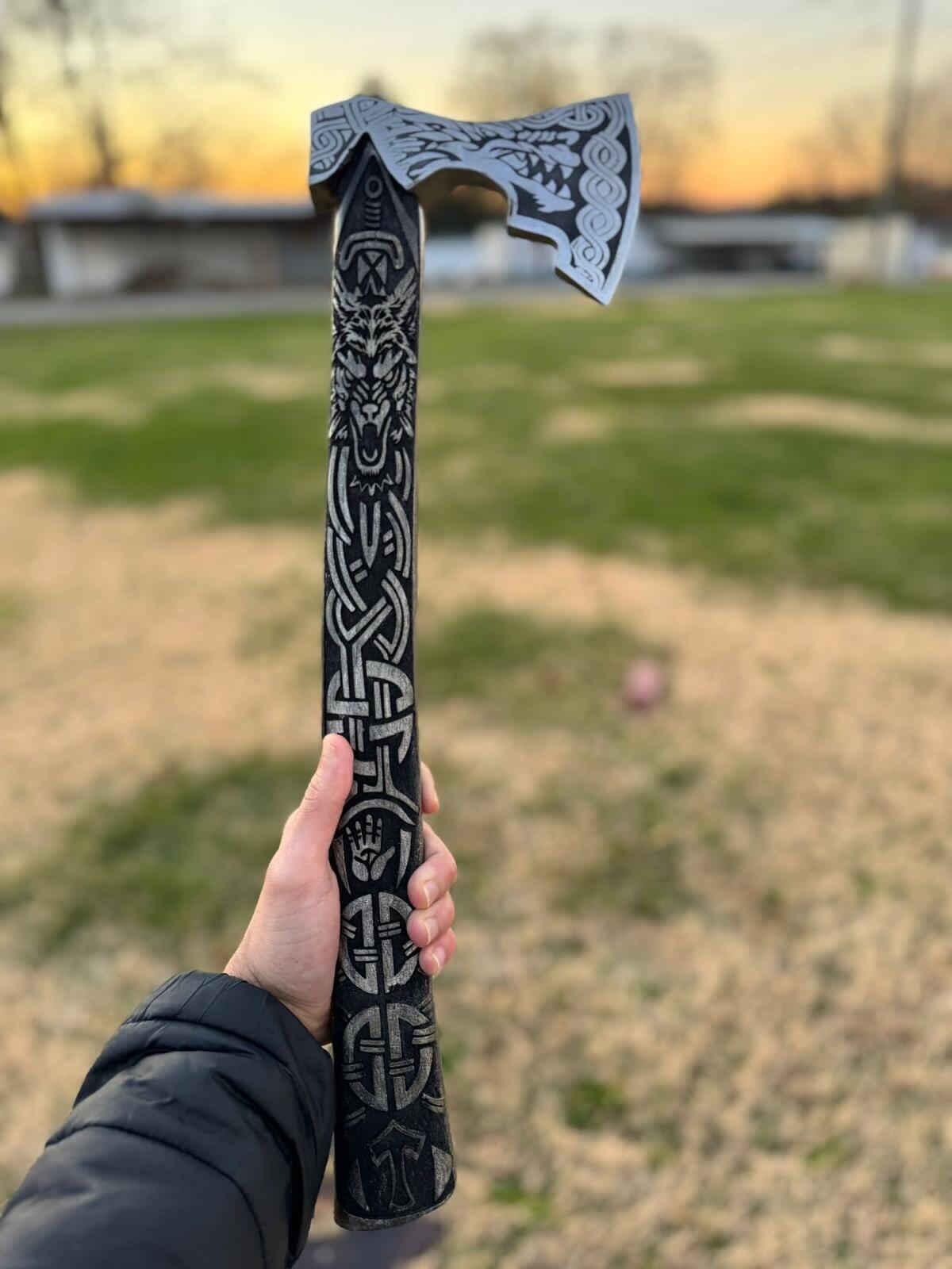 Handmade Carbon Steel Viking Throwing Axe | 19 Rare Art Axe with Carved Ashwood Handle