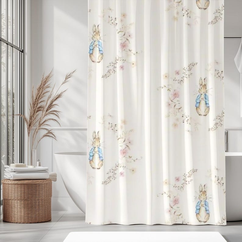 Peter Rabbit Shower Curtain, Kids Bathroom Decor, Girl Shower Curtain, Vintage Floral Bathroom Decor