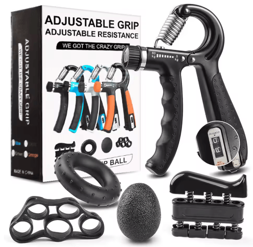 Hand Grip Strengthener Set – Adjustable Gripper, Finger Exerciser Bands and Stress Ball for Forearm Training