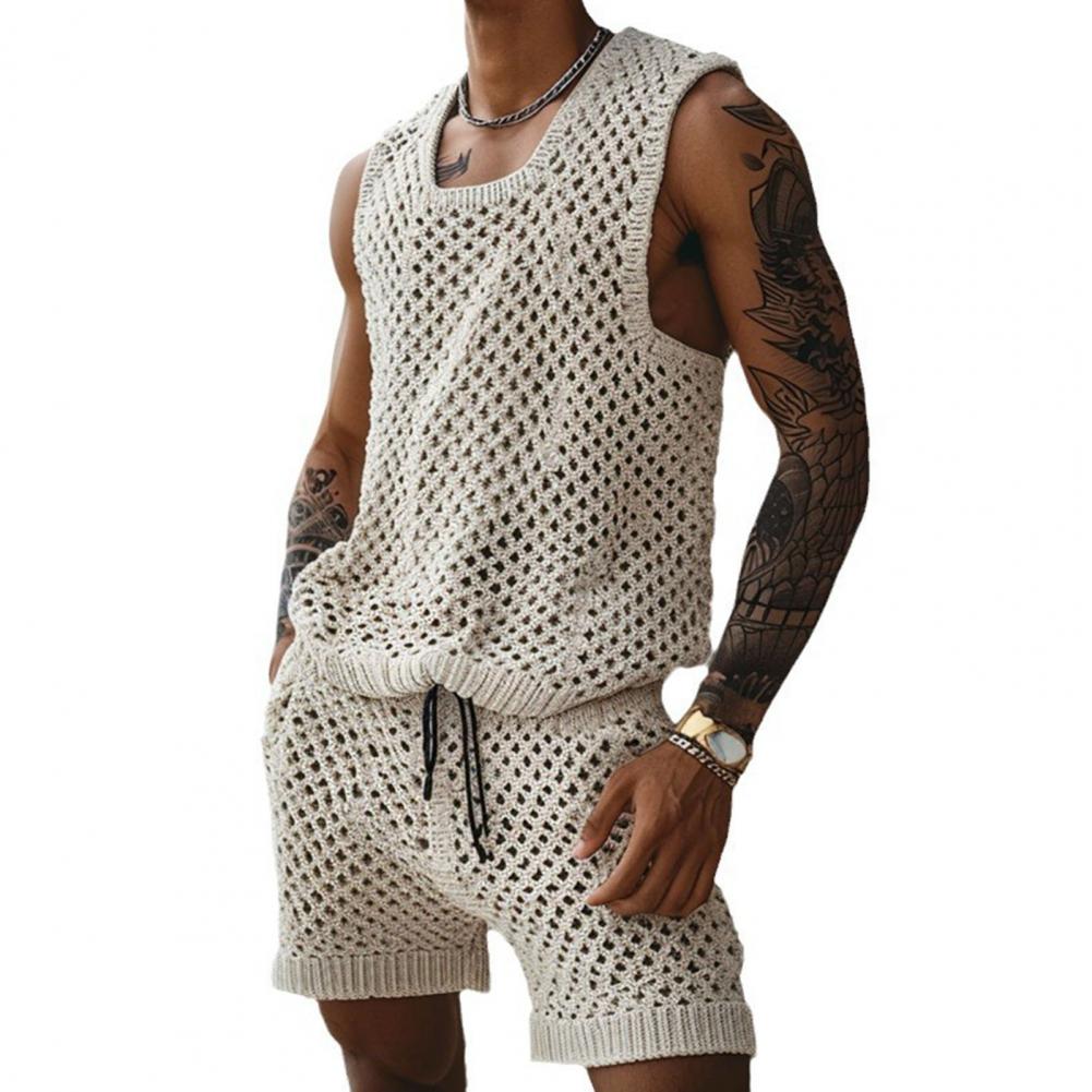 Men's Vest Shorts Set, Casual Sleeveless Knit Top & Elastic Waist Wide Leg Shorts for Daily Wear