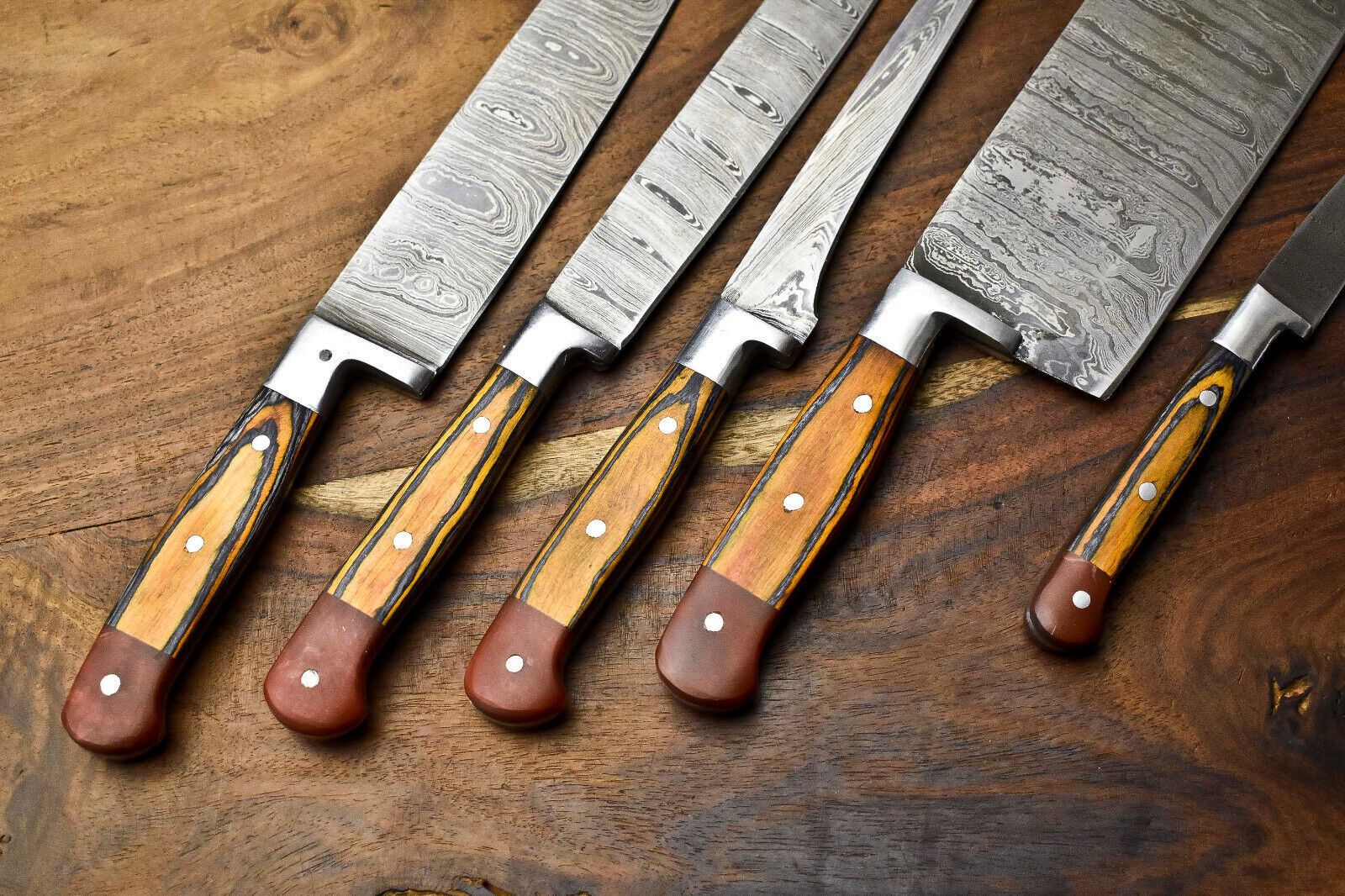 Hammered Damascus Steel Chef Knives – Lot of 5 Professional Handmade Set