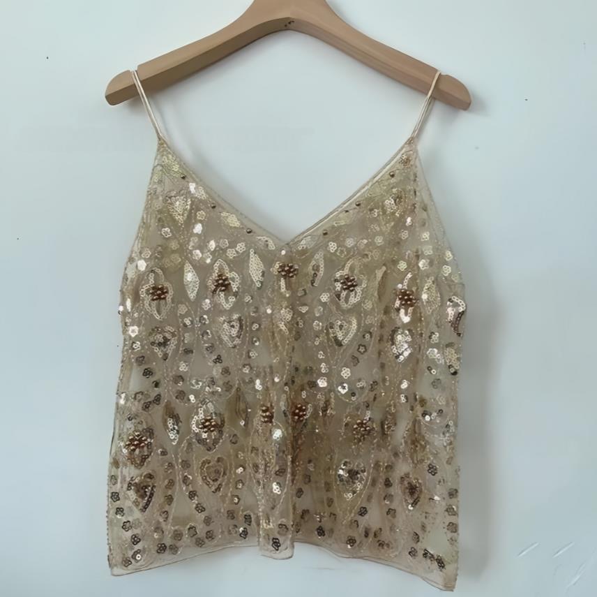 Trendy Women's Sleeveless V Neck Camisoles, Sequins Beads Flower Pattern Vests, Open Back See-Through Chic Summer Camis