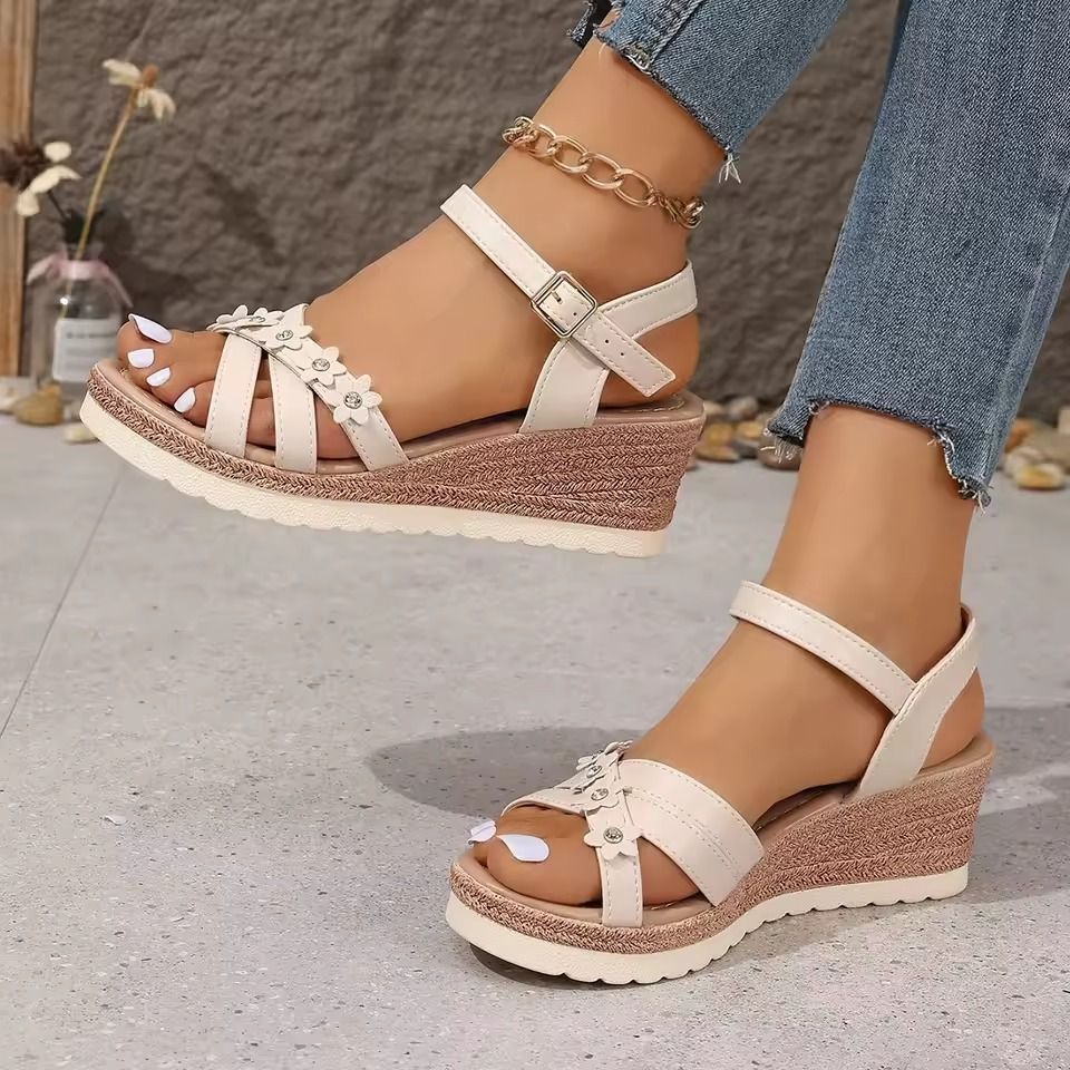 Womens Summer Wedge Sandals with Flower Detail and Ankle Strap for Comfort and Style