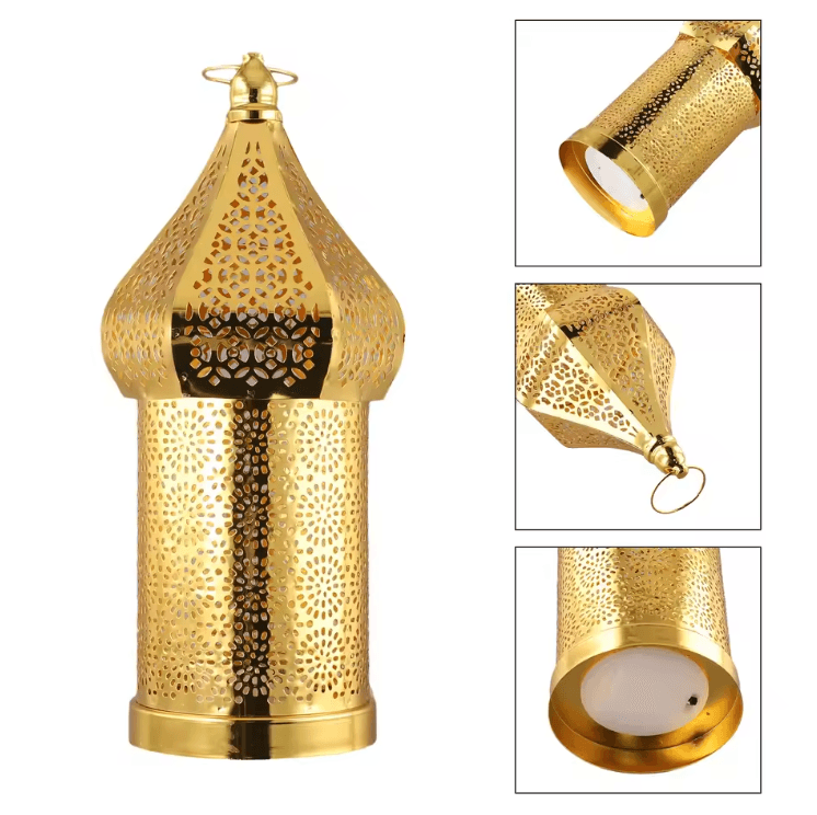 Elegant Moroccan Gold Lantern – Hollow Iron Ramadan Light for Warm Home Ambiance