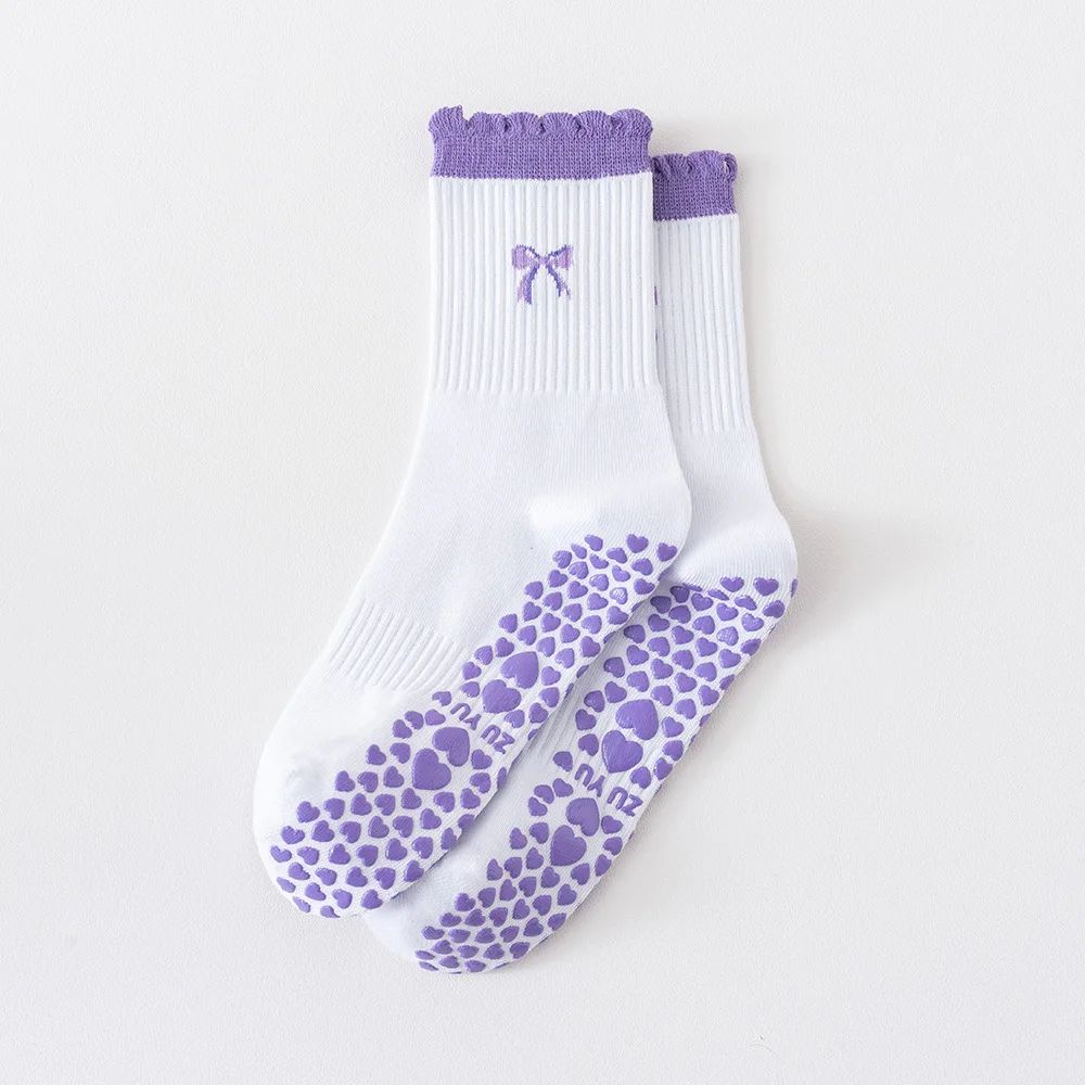 Womens Knitted Embroidered Non-Slip Yoga Socks EU 36–43 – Silicone Grip Pilates & Fitness Mid-Calf Socks