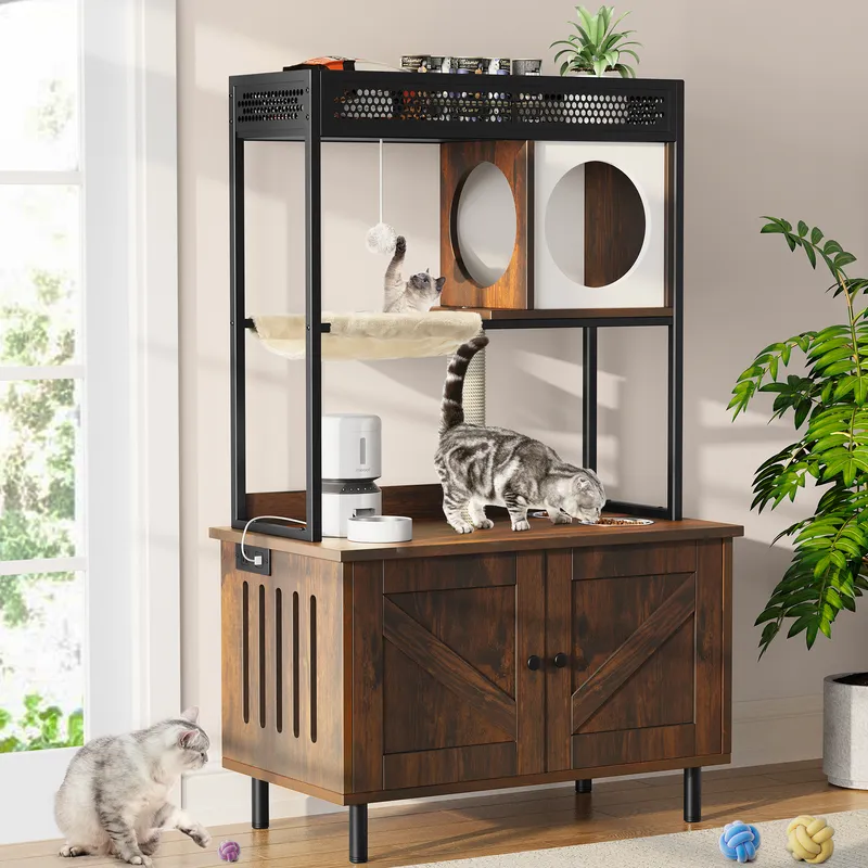 🔥 YitaHome Cat Hidden Litter Box Furniture with Shelves & Charging Station